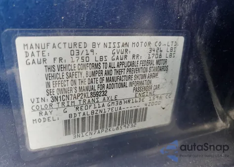 2019 Nissan Versa S z USA, uszkodzony, nr VIN 3N1CN7AP2KL859232